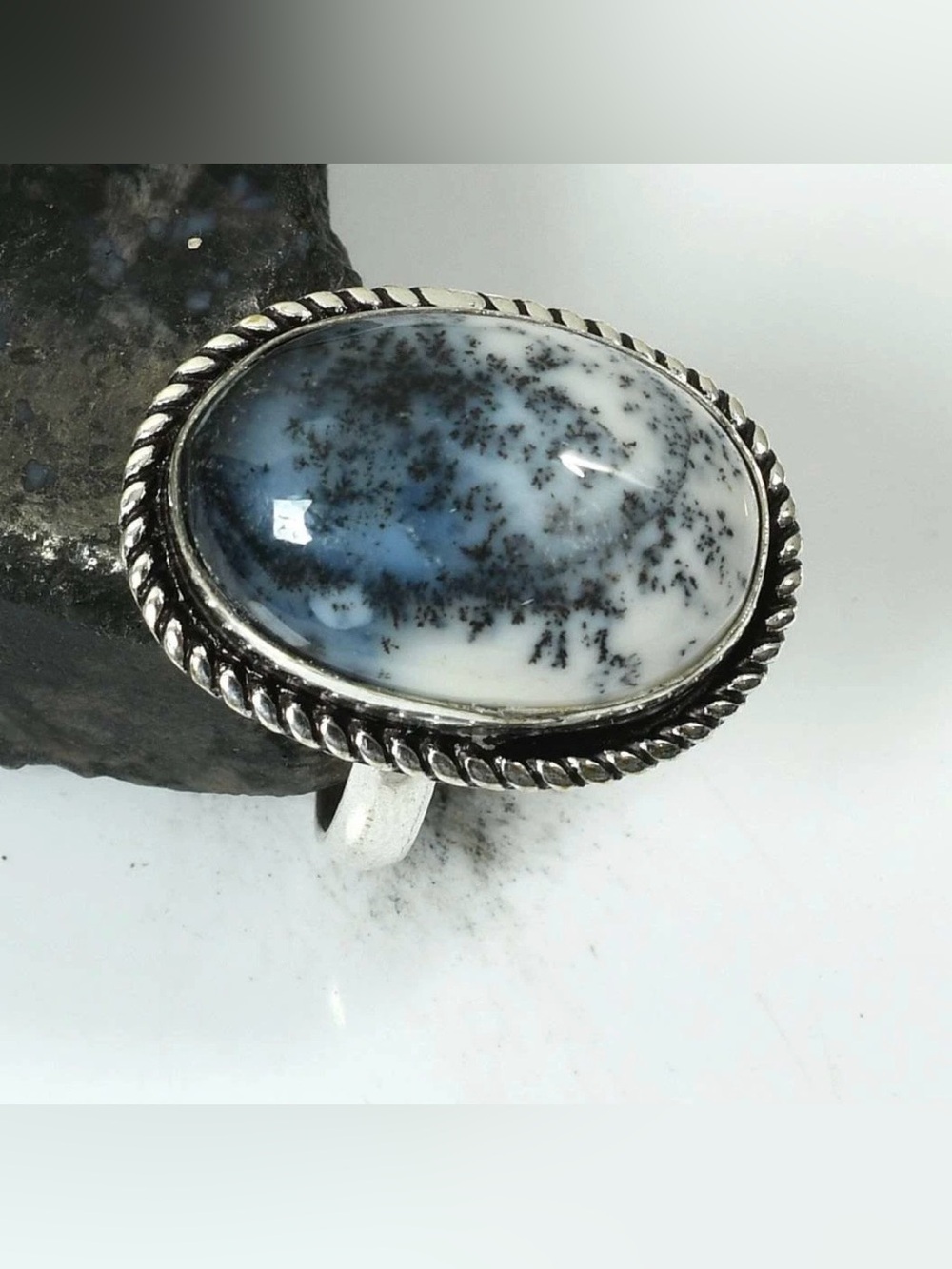 Dendrite Opal Oval Artisan Handcrafted Gemstone Ring Size 7
